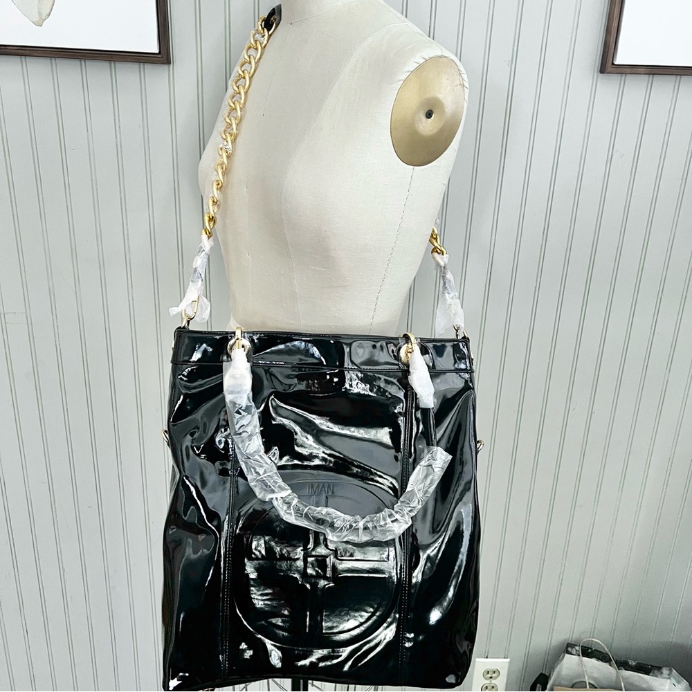 Iman NWT Black Patent Large Tote Bag Shoulder Bag with Gold Chain